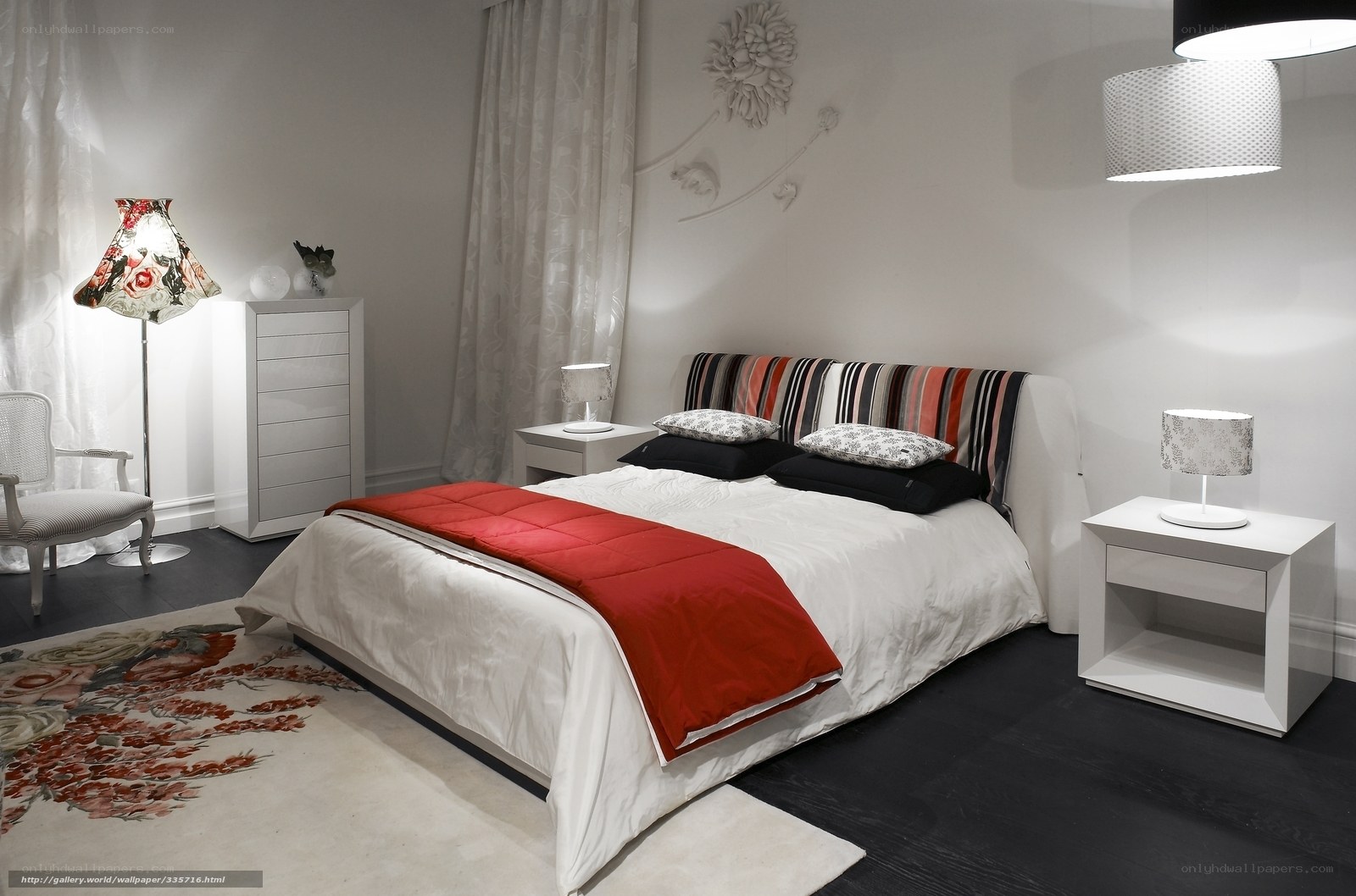 Modern bedroom with red accents