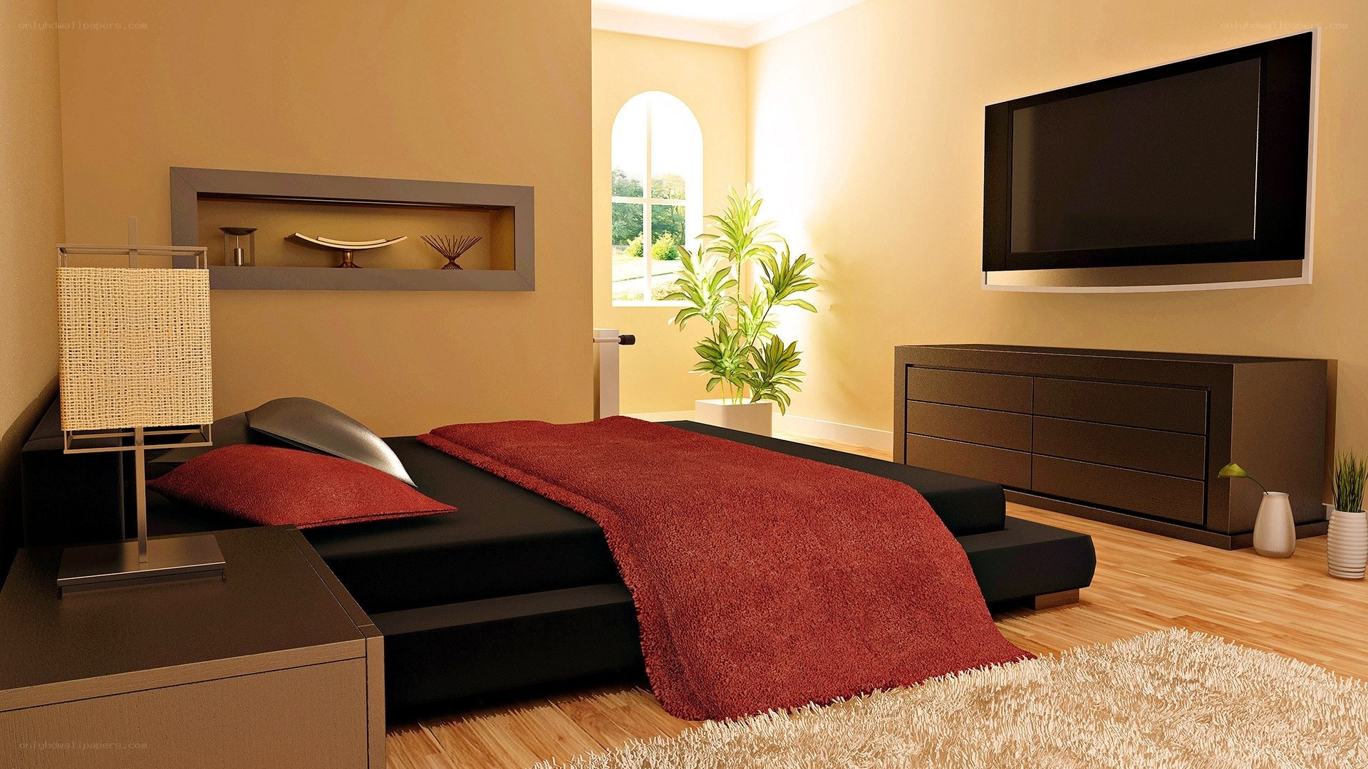 Modern bedroom with red accents