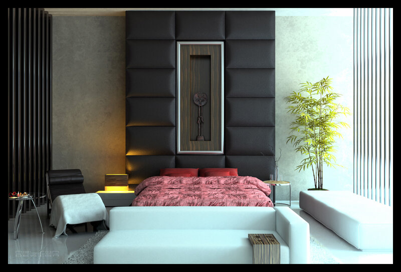 modern bedroom with red bed