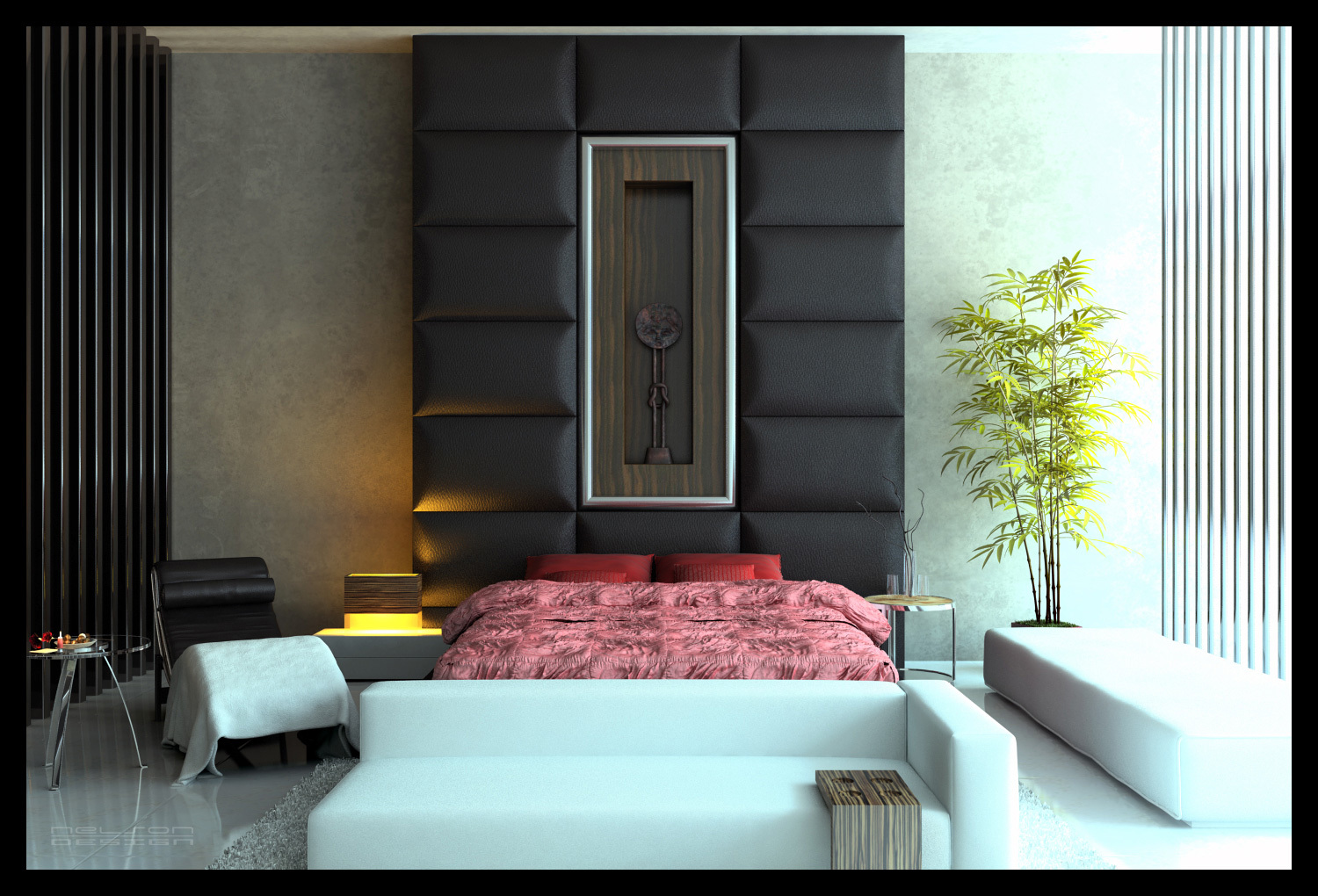 modern bedroom with red bed