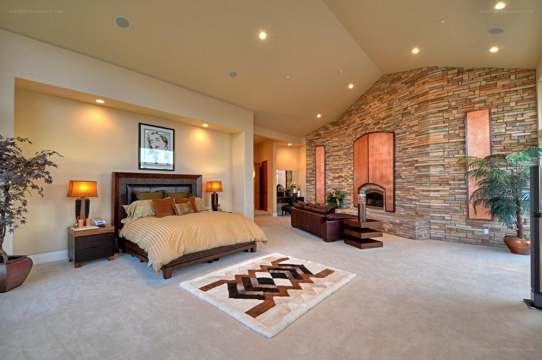 Modern bedroom with stone fireplace