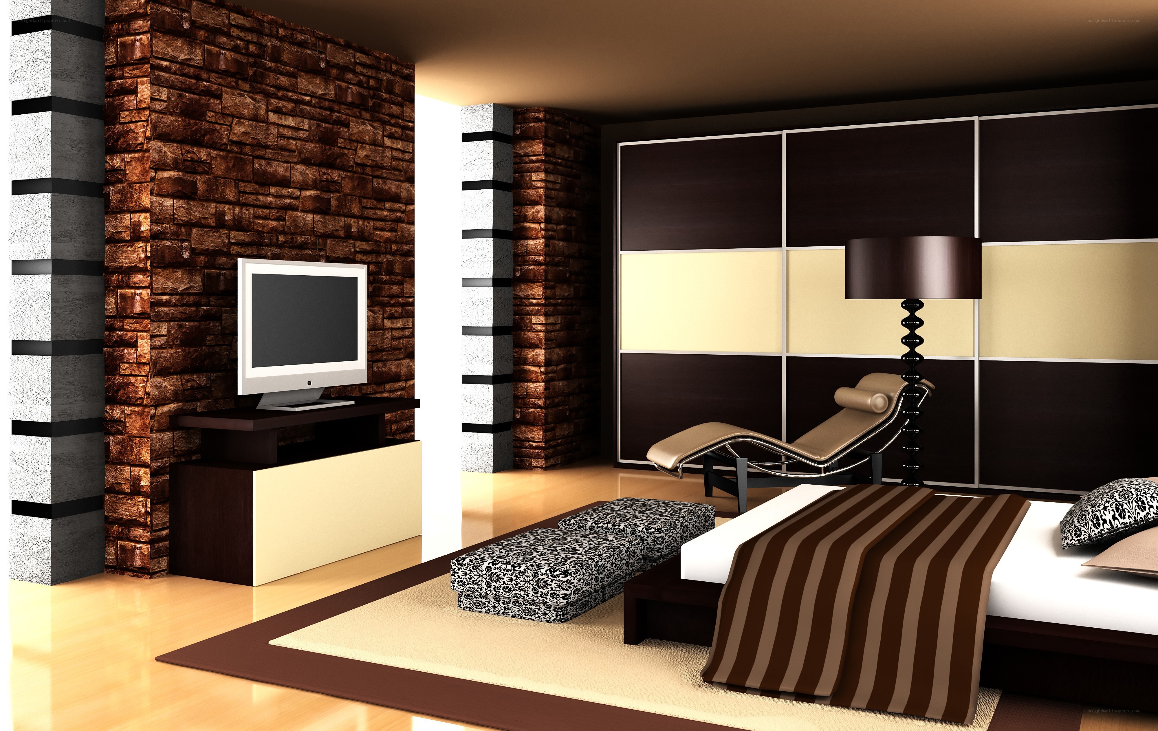 Modern bedroom with stone wall