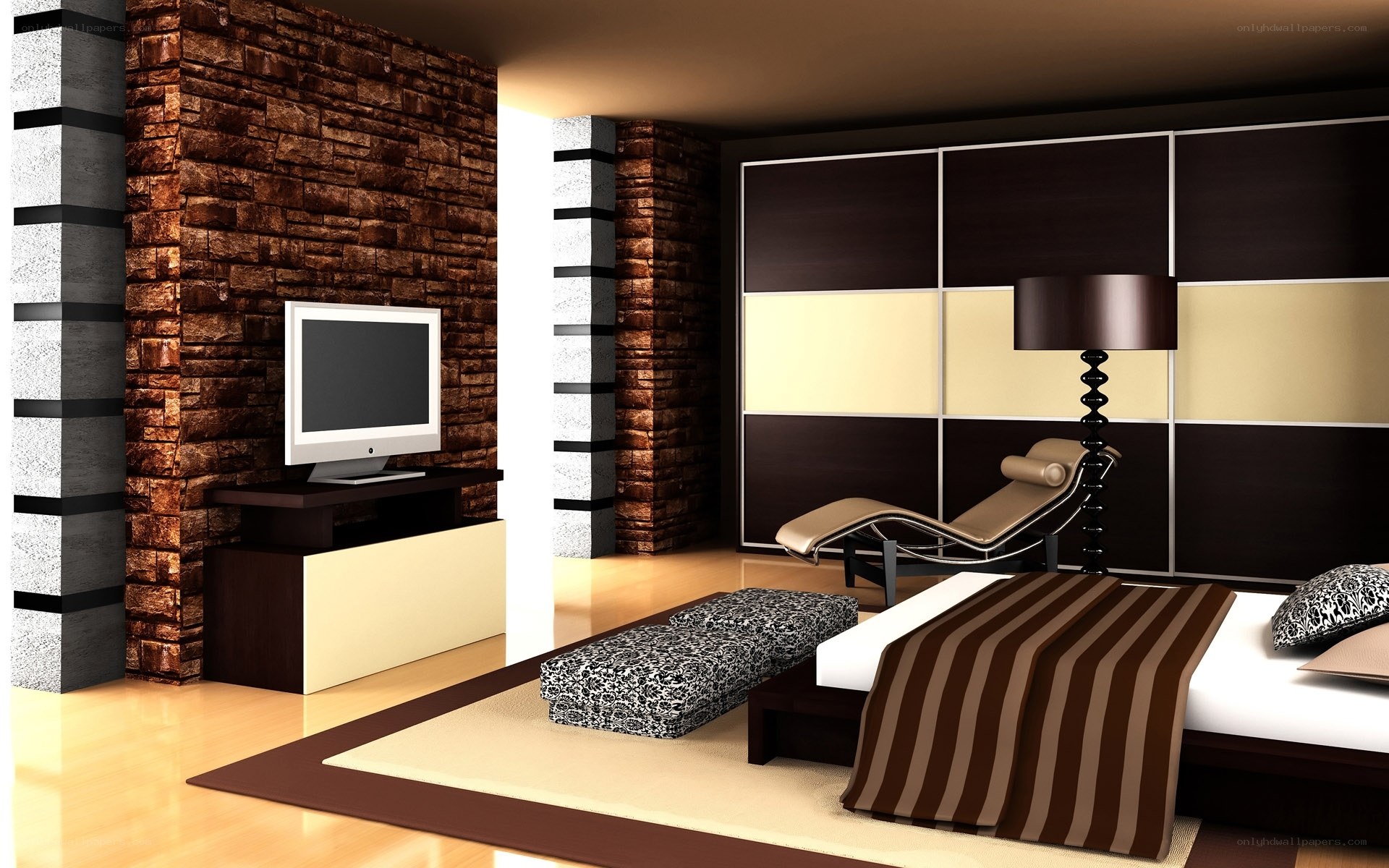 modern bedroom with stone wall