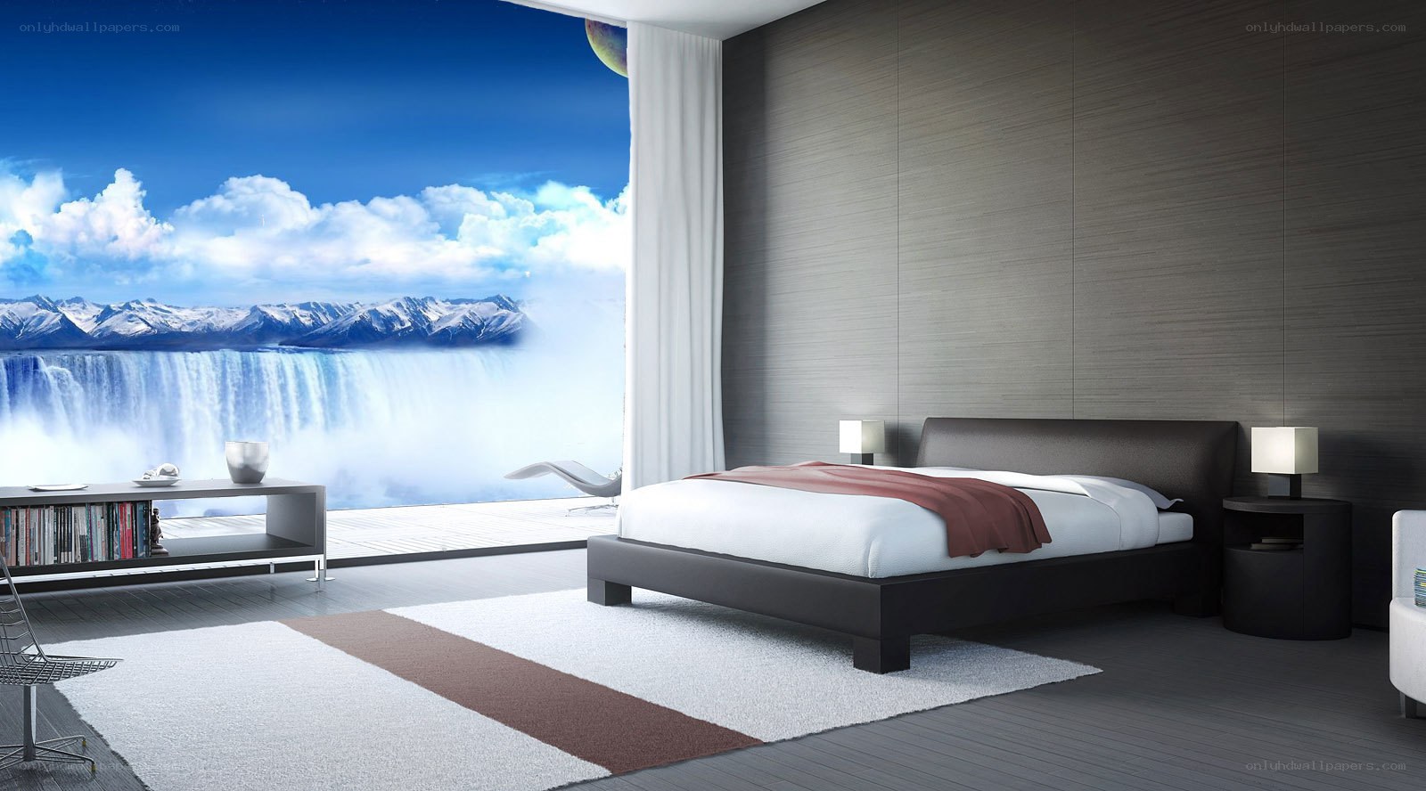 Modern bedroom with waterfall view