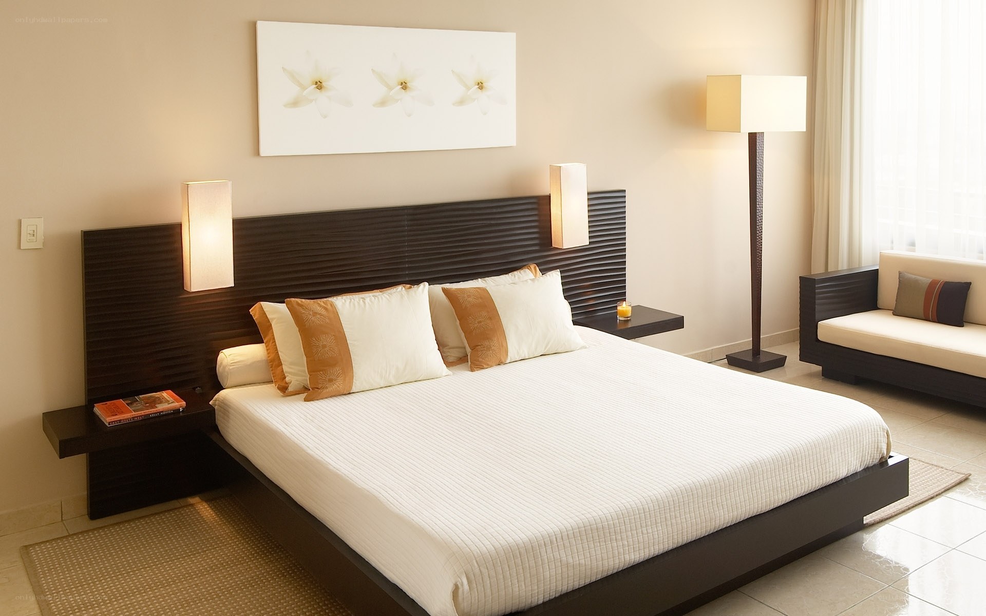Modern bedroom with white bedding