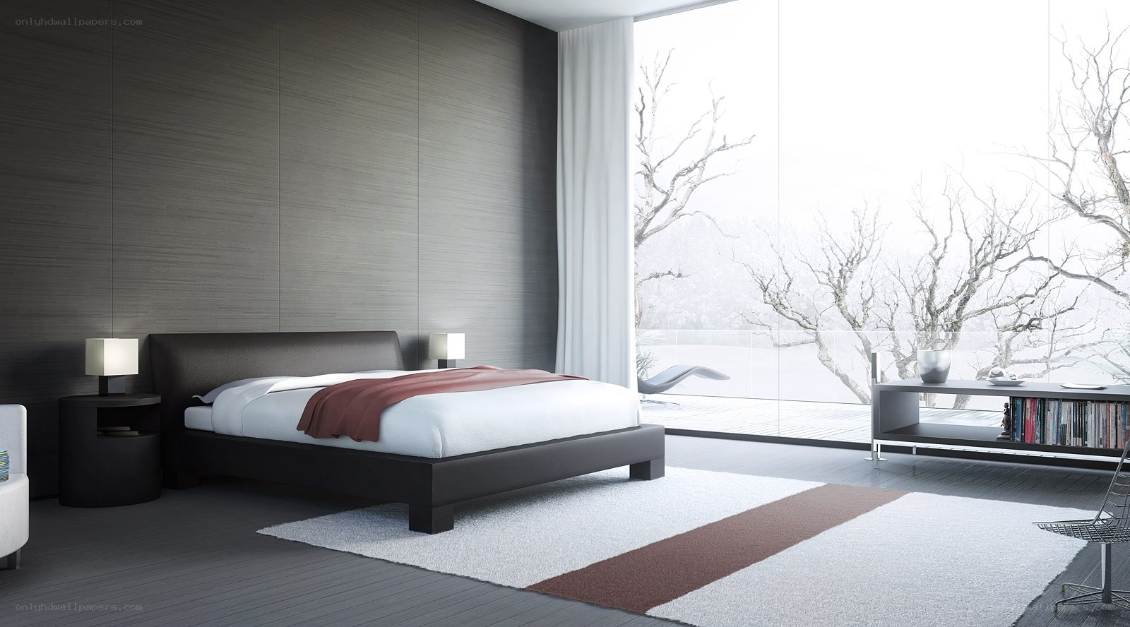 Modern bedroom with winter view