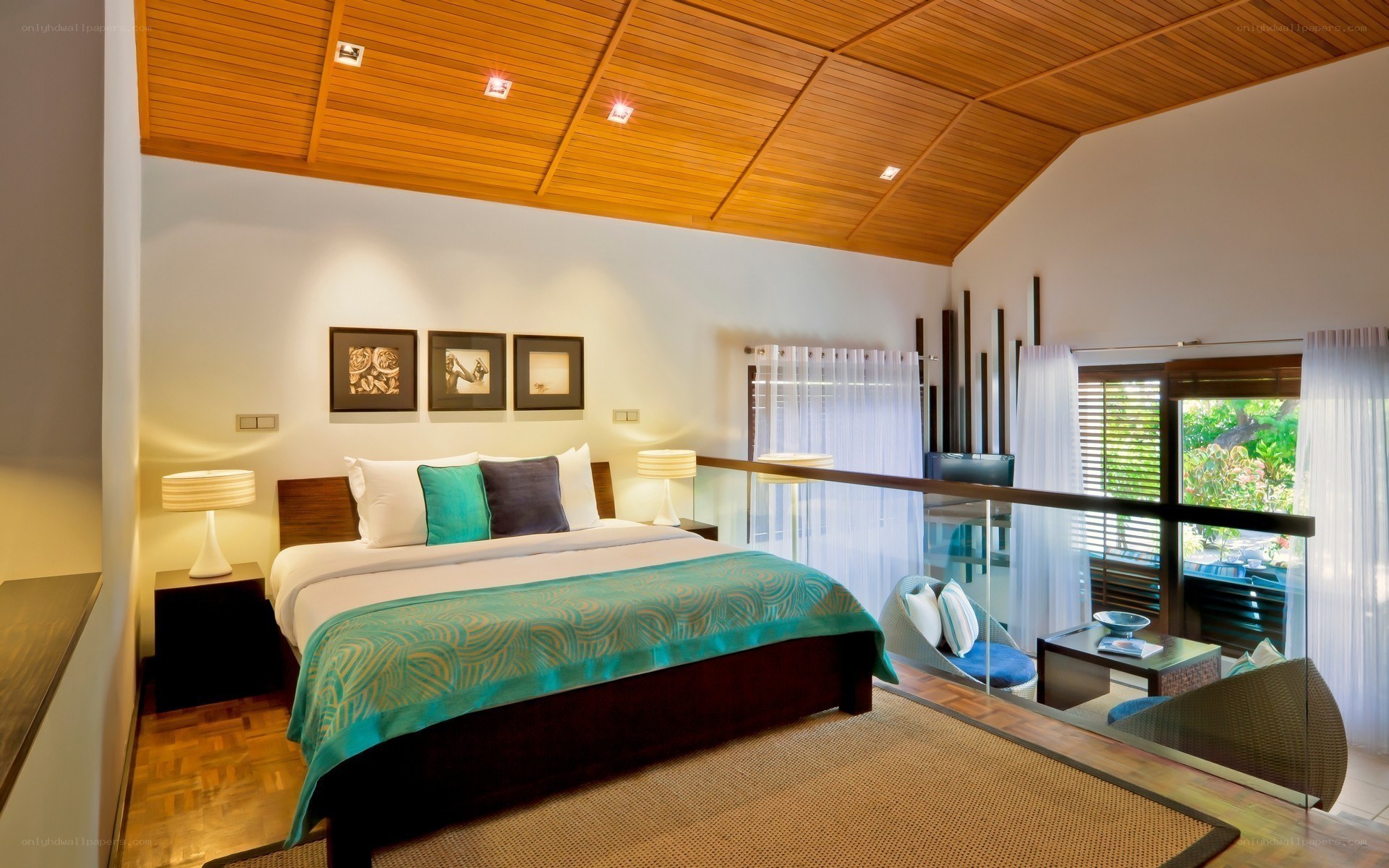 Modern bedroom with wooden ceiling