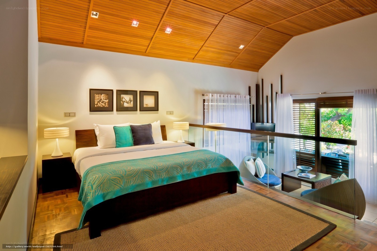 Modern bedroom with wooden ceiling