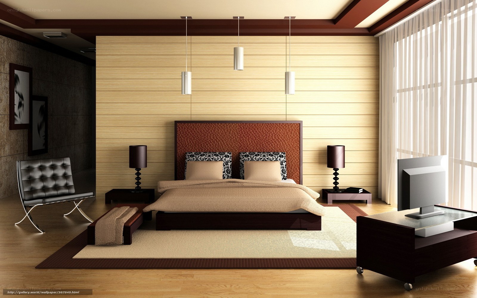 Modern bedroom with wooden walls