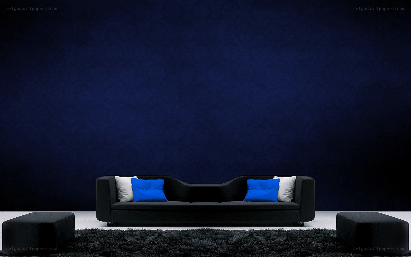 Modern black sofa with blue pillows