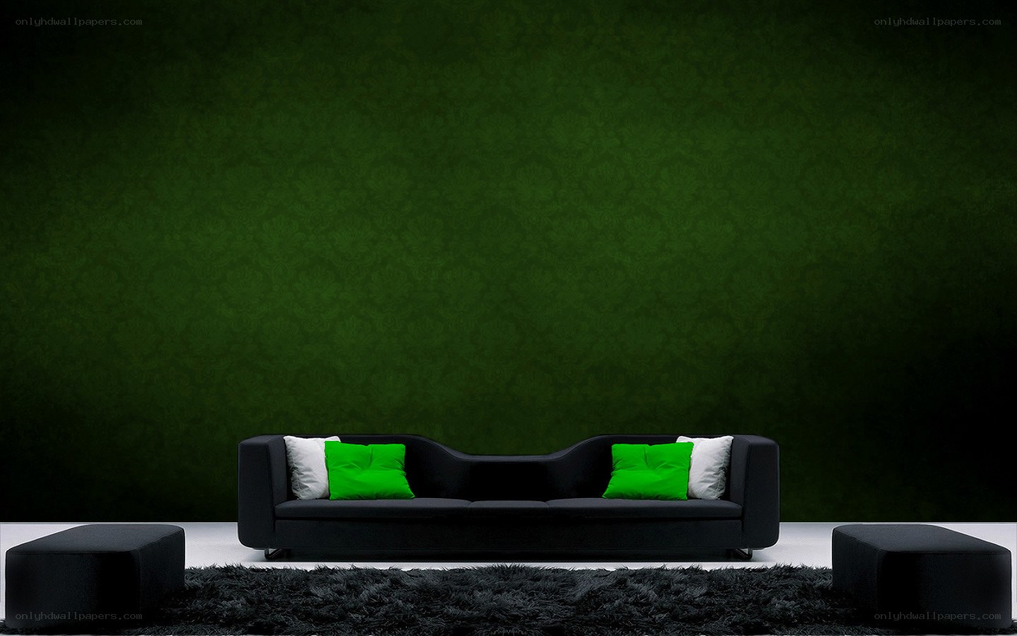 Modern black sofa with green pillows