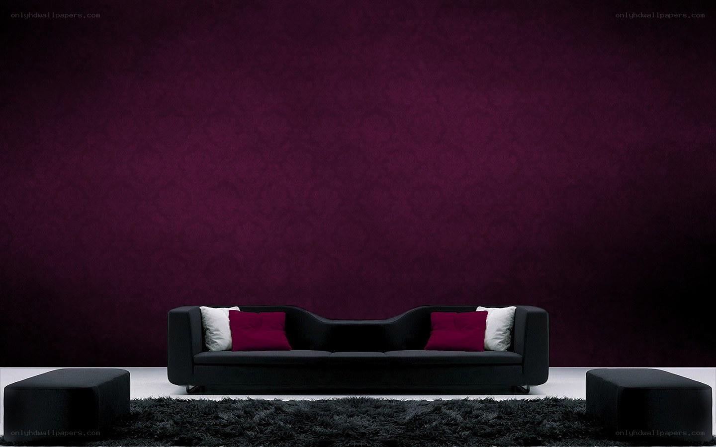Modern black sofa with purple wall