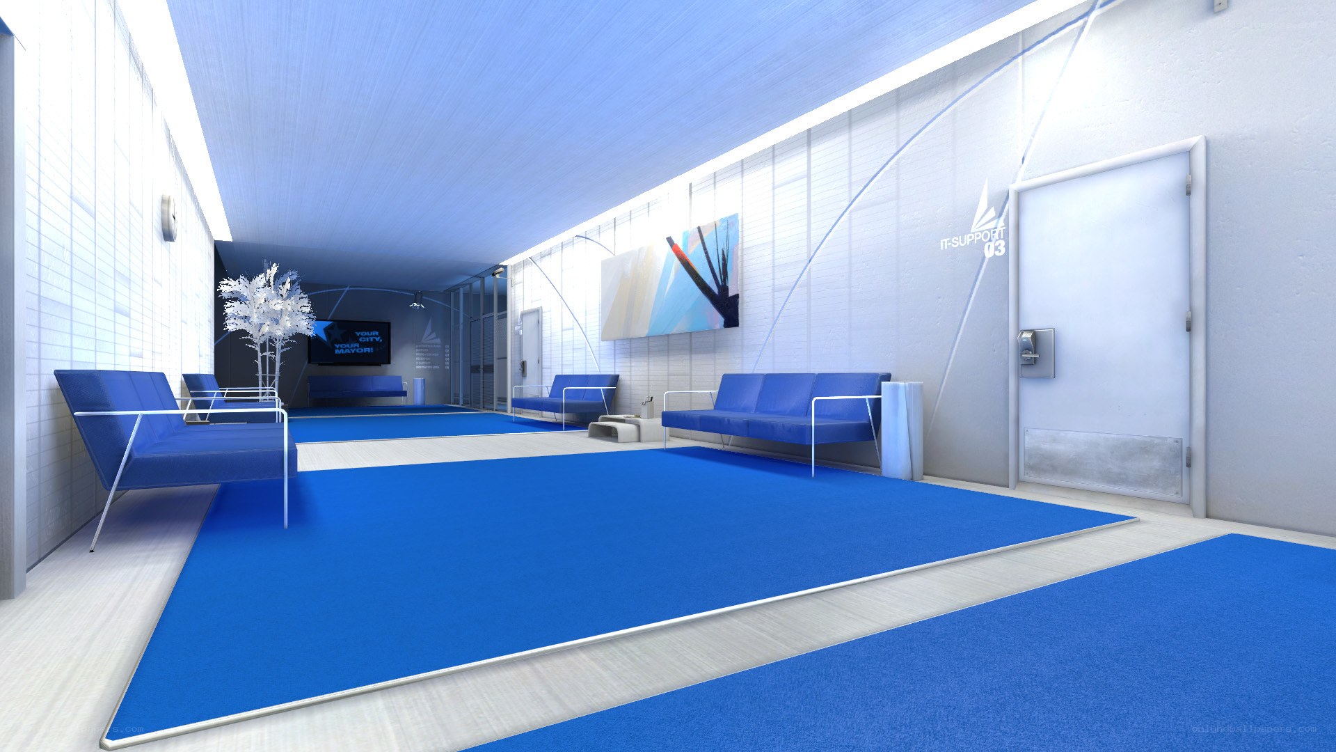 modern blue office hallway