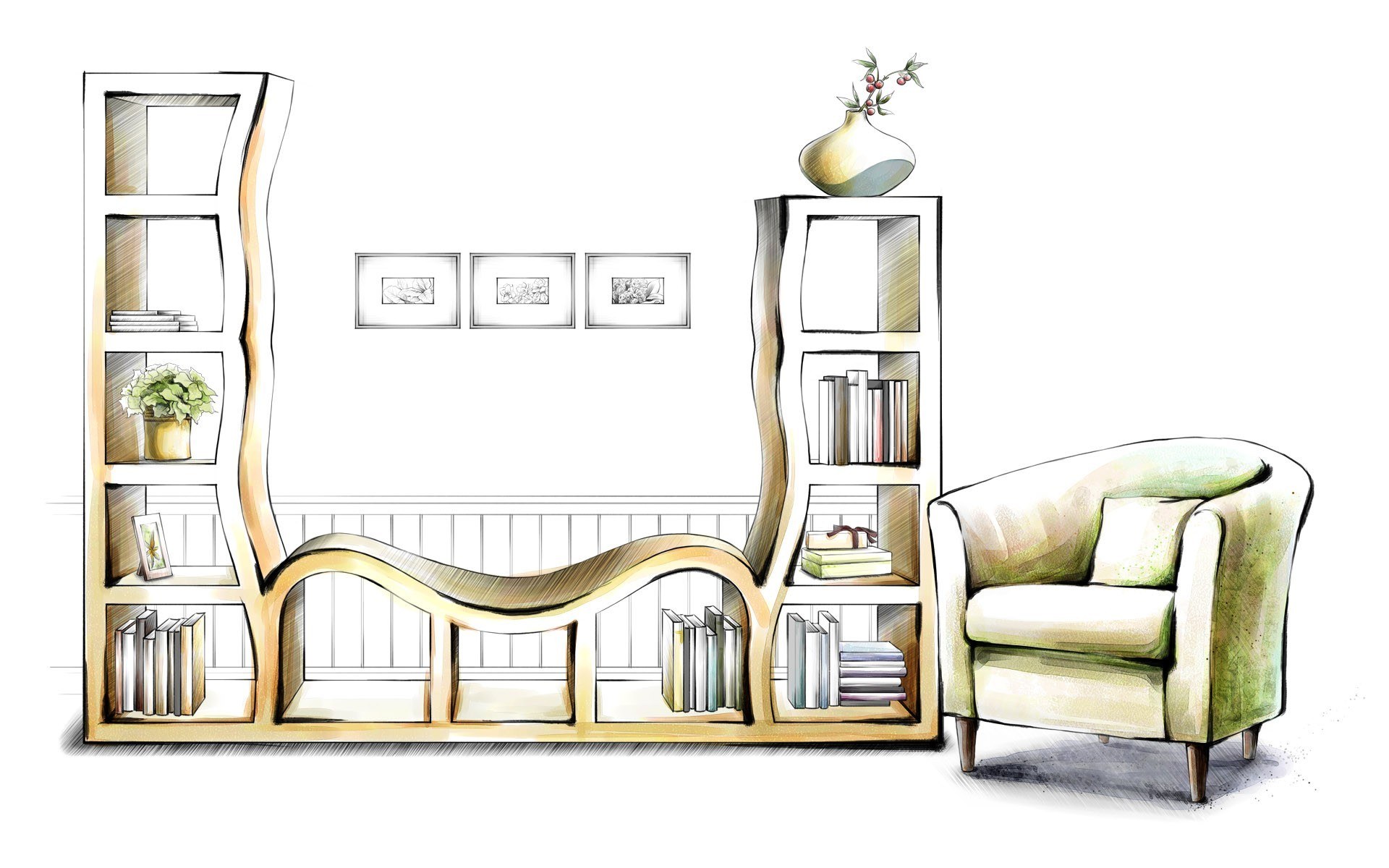 Modern bookshelf design sketch