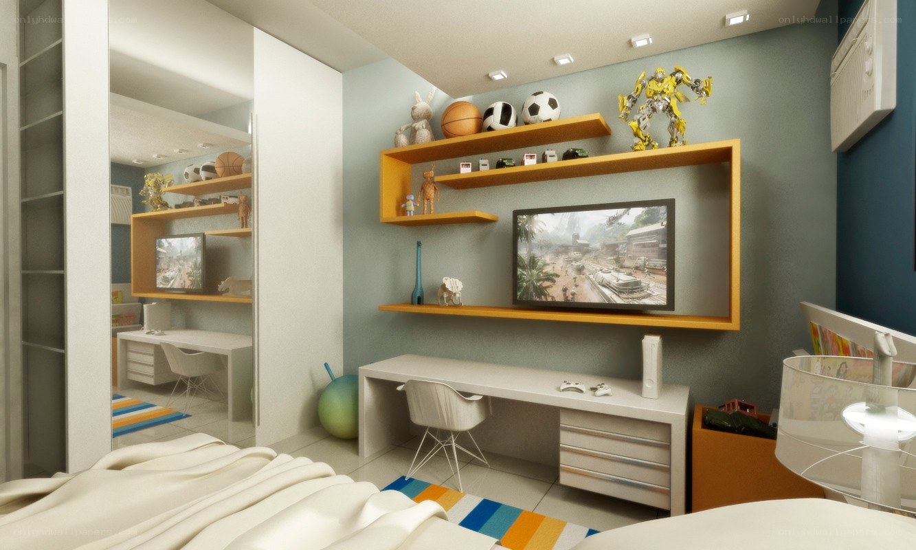 modern boy's bedroom with gaming setup