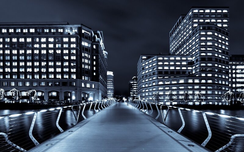 Modern Bridge at Night — Blue, Dramatic, Photograph
