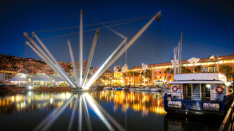 Modern Bridge at Night — Blue, Serene, Photograph