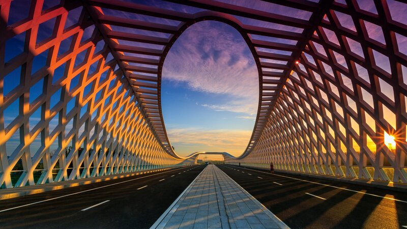 Modern Bridge at Sunset — Blue, Dramatic