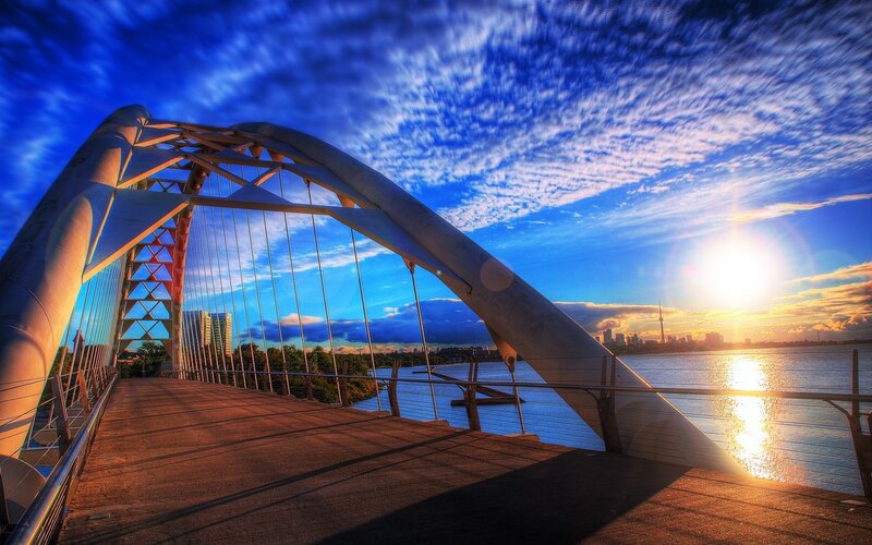 Modern Bridge at Sunset — Blue
