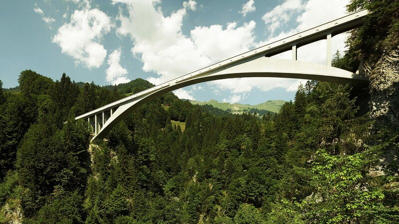modern bridge in a forested valley