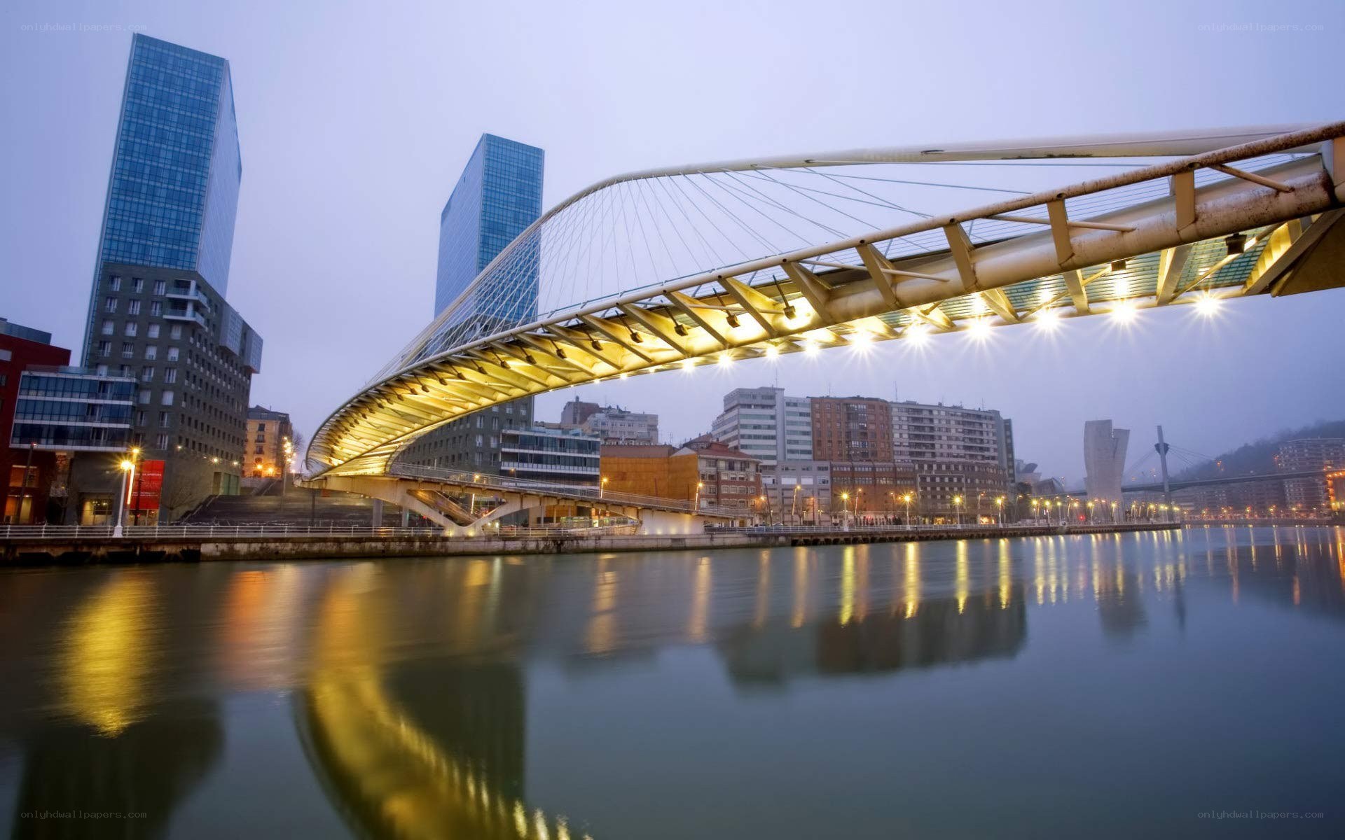 modern bridge over river at dusk