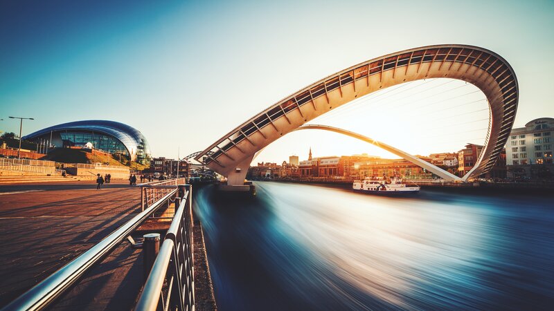 Modern Bridge over River — Blue, Dramatic, Sunset