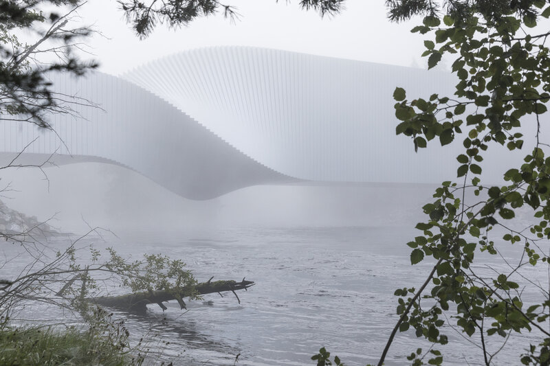 Modern Bridge over River — White, Misty