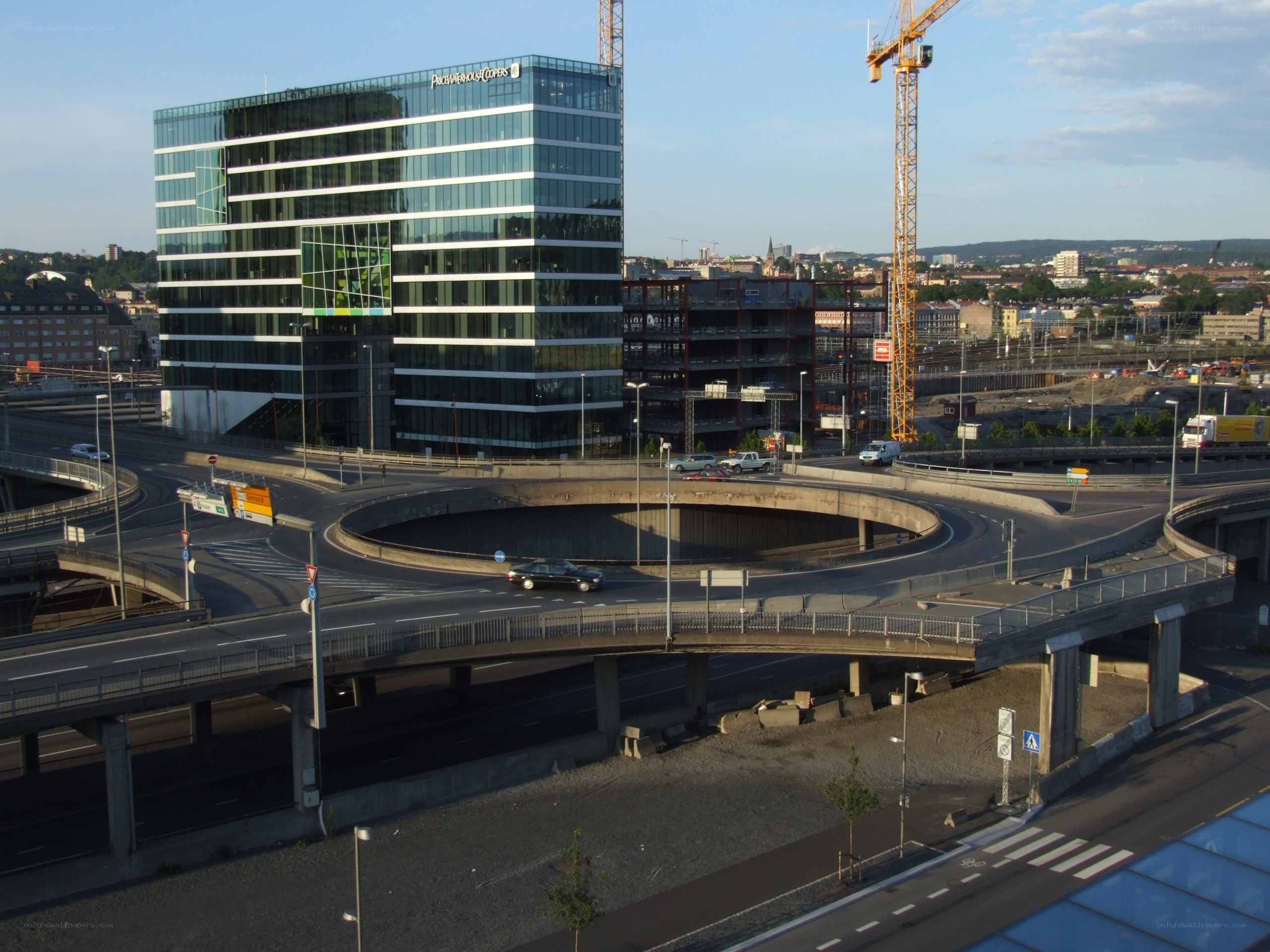 Modern building and highway interchange