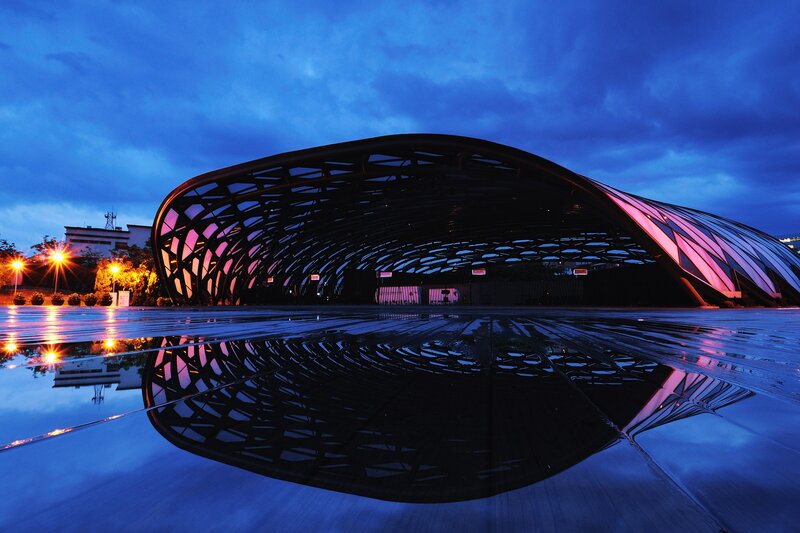 Modern Building at Dusk — Blue, Dramatic, Night, Photograph, Reflection