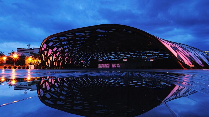 Modern Building at Dusk — Blue, Dramatic