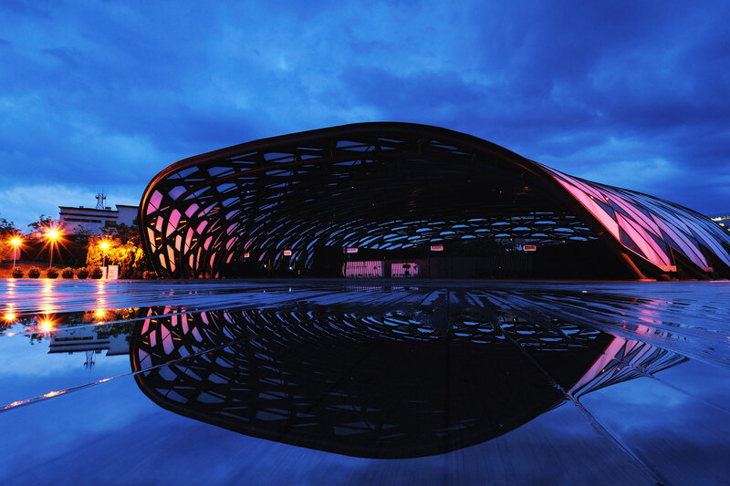 Modern Building at Dusk — Blue