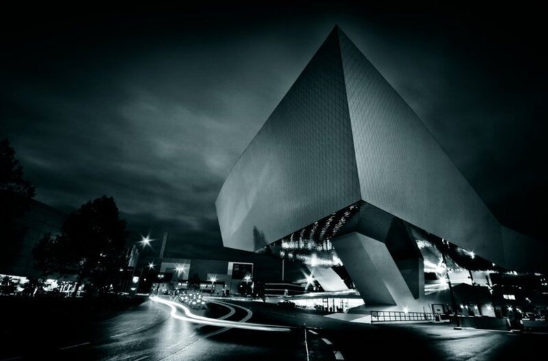 Modern Building at Night — Black, Dramatic, Photograph
