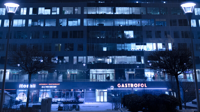 Modern Building at Night — Blue, Cold