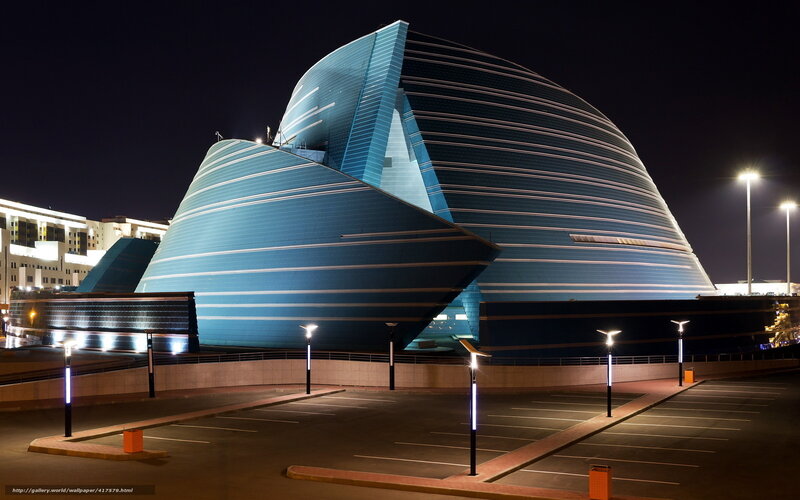 Modern Building at Night — Blue, Dramatic, Photograph, Parking Lot