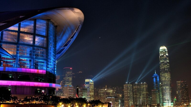 Modern Building at Night — Blue, Dramatic, Photograph
