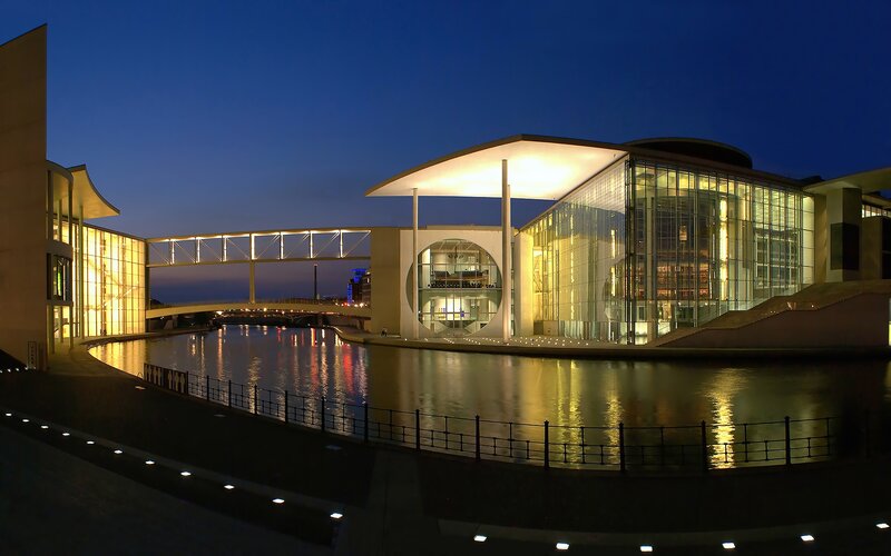 Modern Building at Night — Blue, Serene, Photograph