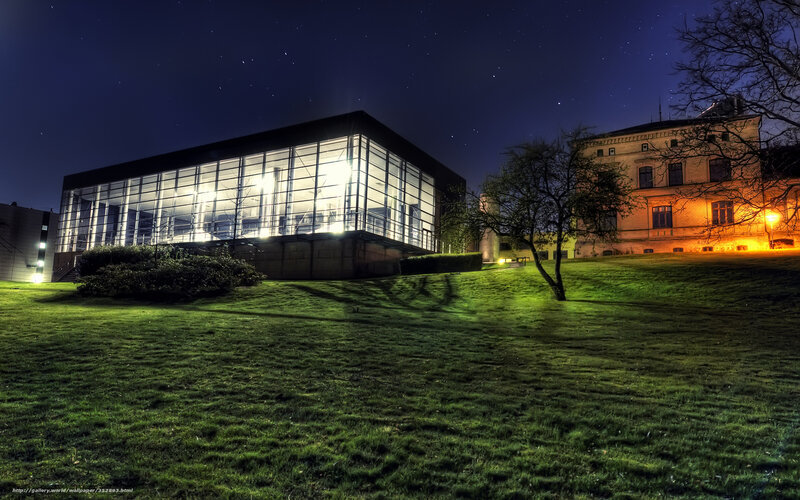 Modern Building at Night — Green, Serene, Photograph, Grass