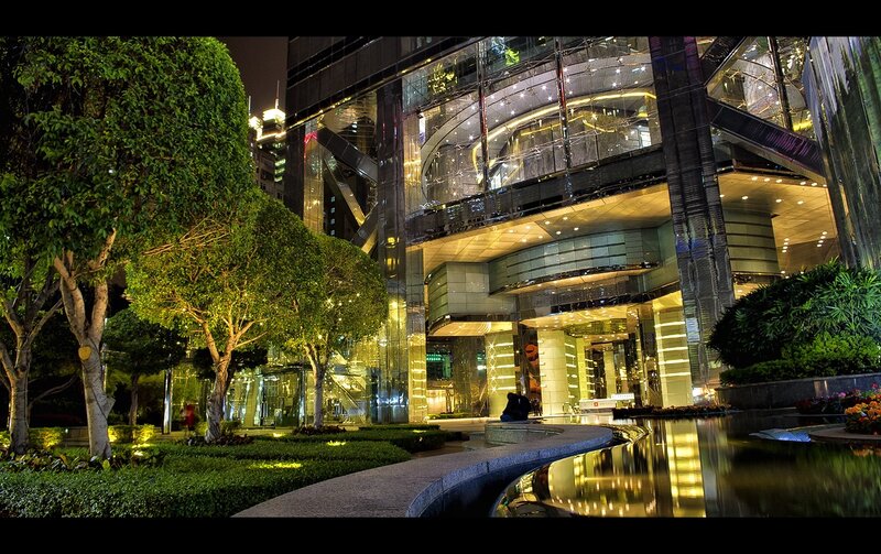 Modern Building at Night — Green, Serene, Photograph, Trees, Fountain