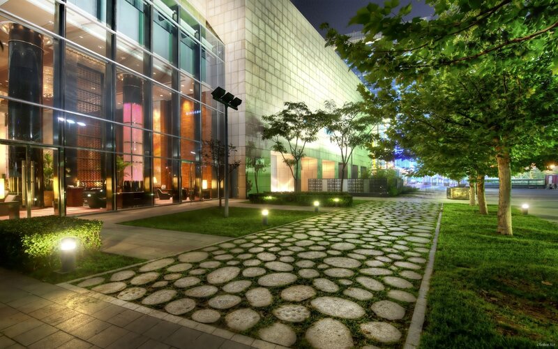 Modern Building at Night — Green, Serene