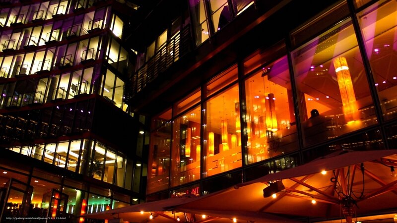 Modern Building at Night — Orange, Dramatic, Photograph