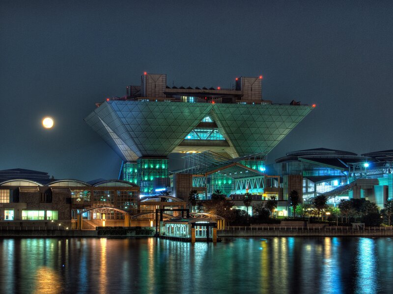 modern building at night with moon