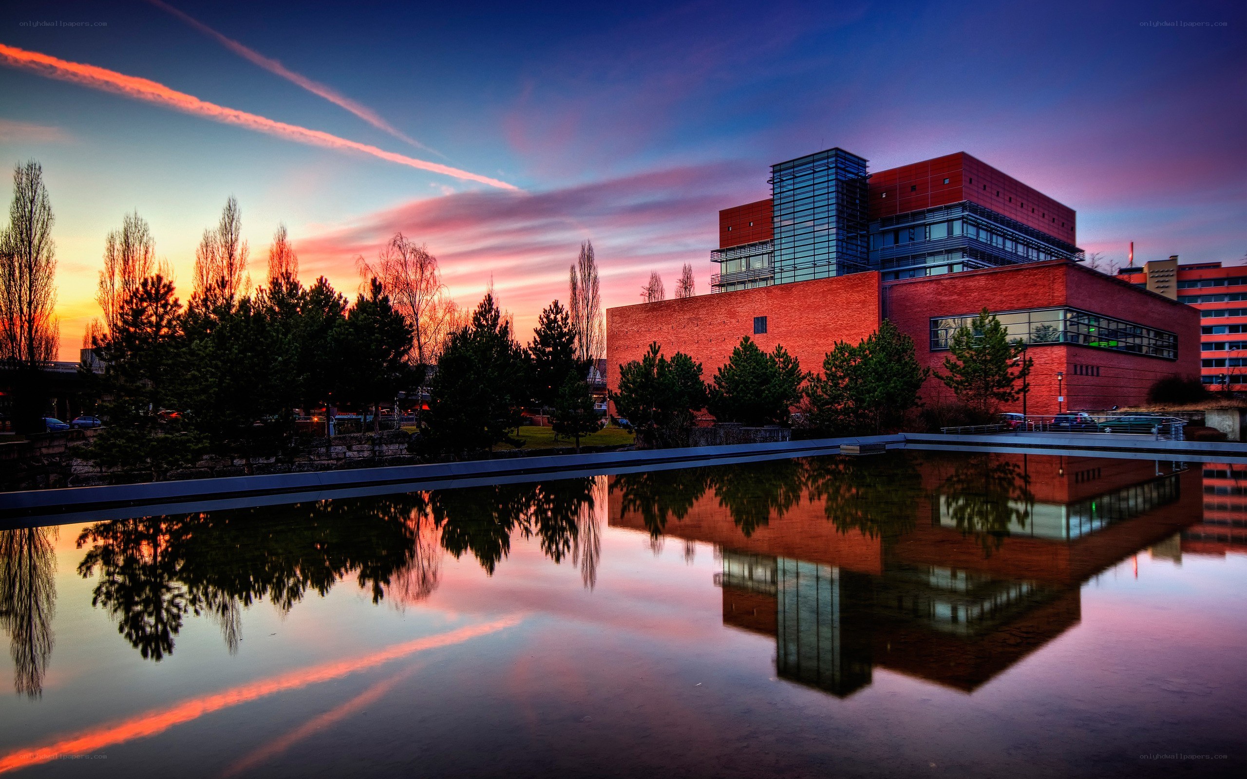 Modern building at sunset