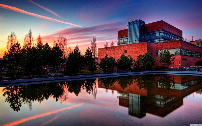 Modern building at sunset