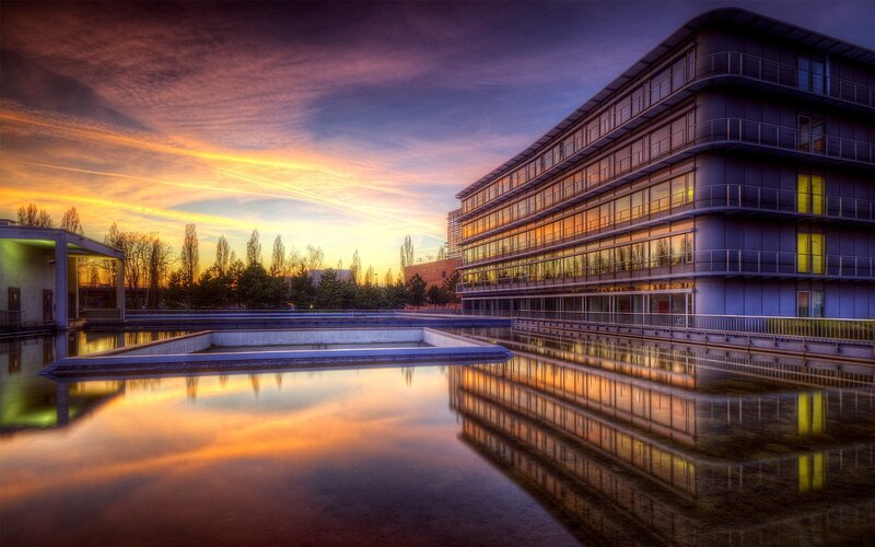 Modern Building at Sunset — Orange, Dramatic