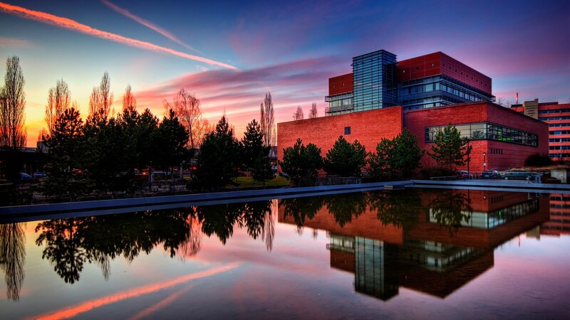 Modern Building at Sunset — Red, Dramatic, Photograph