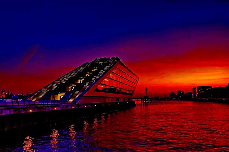 Modern Building at Sunset — Red, Dramatic