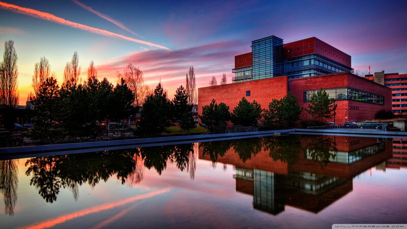 Modern Building at Sunset — Red