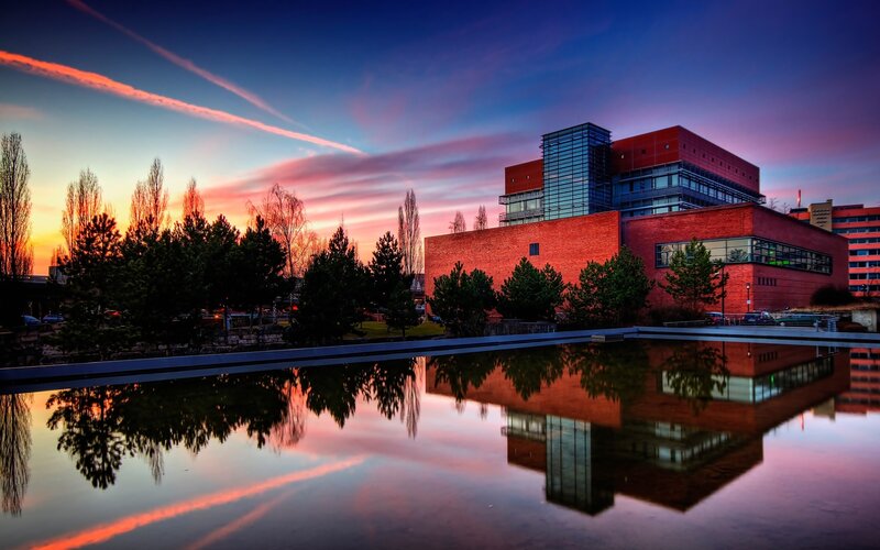 Modern building at sunset