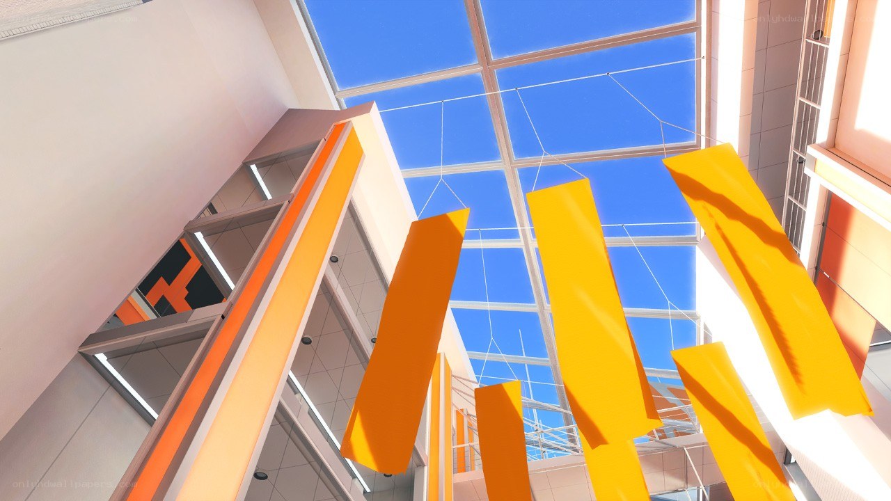 modern building atrium with orange banners