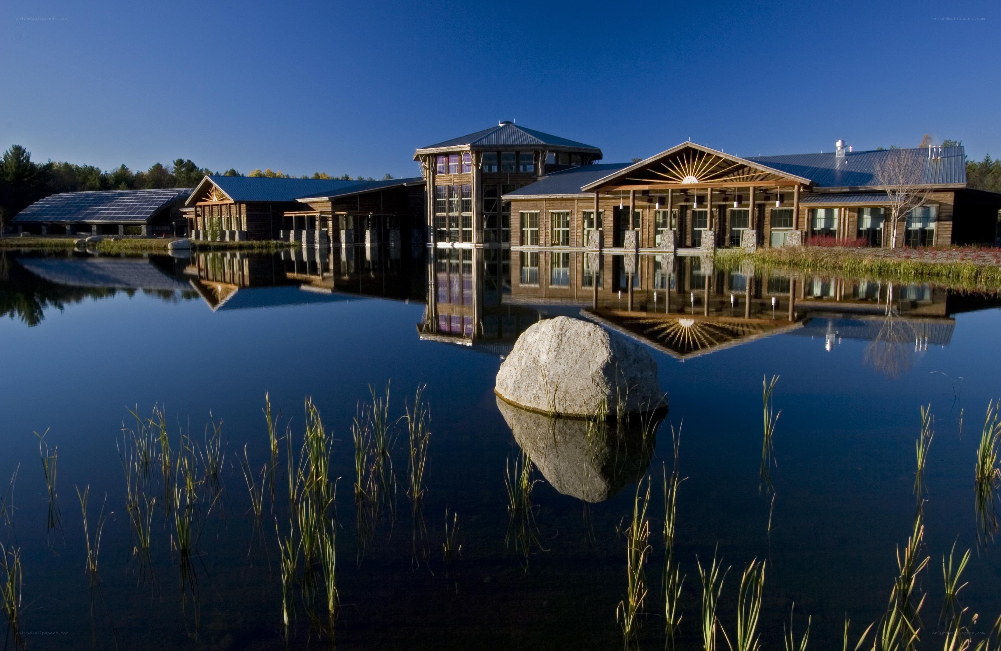 modern building by a lake